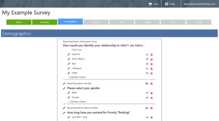 Screenshot of the Priority Thinking Admin Console Demographics Page