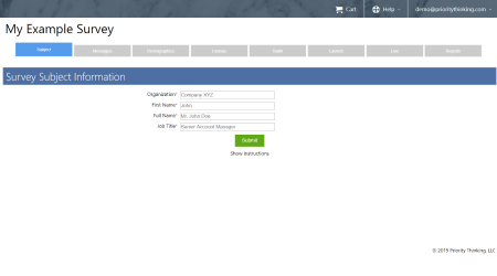Screenshot of the Priority Thinking Admin Console Subject Information Page
